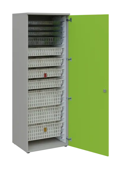 EUROMEDICA D - 66 skříň léková boxová, 1-dveřová, pravá, 1950x660x535, korpus šedý, dvířka jarní zeleň